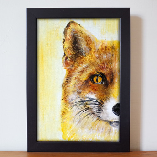 オリジナルの動物油絵f: 動物#7 狐 油絵 Fサイズ SM 額縁付き サイズ約26*19cm 絵画 forest33