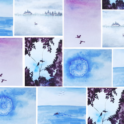 原創手繪水彩畫明信片 天鵝/鷹/水母/樹林裡的鳥/海豚 第1張的照片