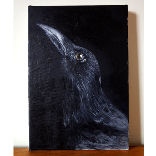 額縁　絵画　油絵　ガラス 鴉 カラス 油絵 油彩 Fサイズ SM 額縁付き サイズ約26*19cm 絵画