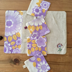 ヴィンテージ花柄生地のコースターとテーブルマットのセット 紫 1枚目の画像