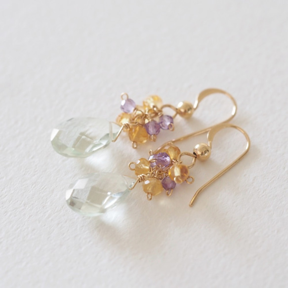 14kgf：グリーンアメジストとシトリン・ライトアメジストのピアス  