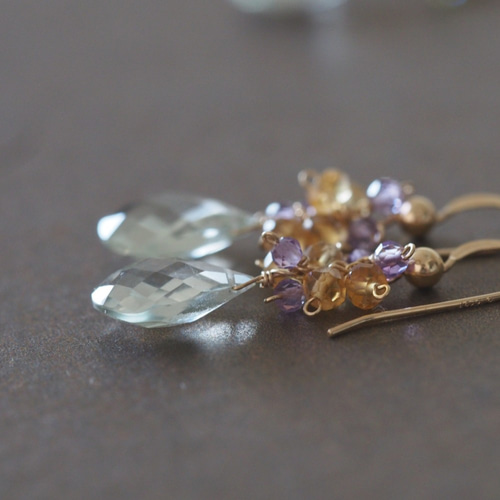 14kgf：グリーンアメジストとシトリン・ライトアメジストのピアス  