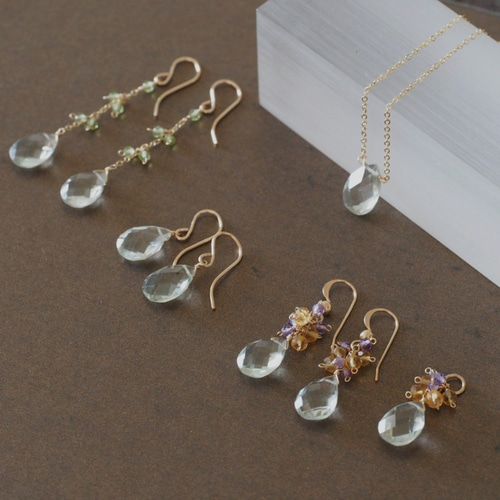 14kgf：グリーンアメジストとシトリン・ライトアメジストのピアス  