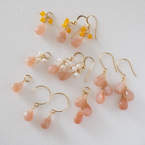 14kgf：オレンジムーンストーンのシンプル一粒ピアス（イヤリング  