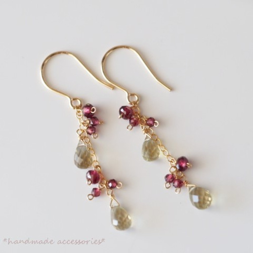 14kgf クォーツとガーネットのピアス