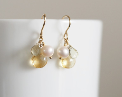 14kgf：淡水パール・シトリン・オリーブクォーツのピアス（イヤリング