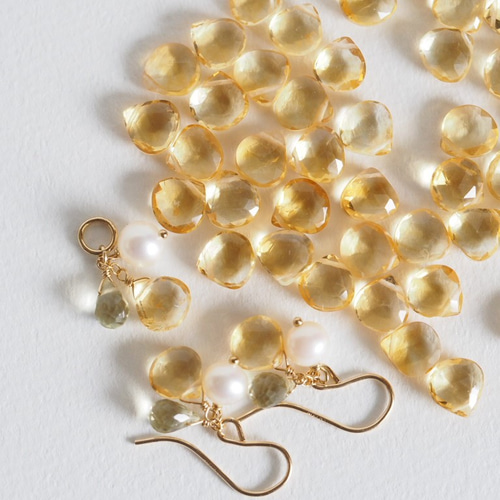 14kgf：淡水パール・シトリン・オリーブクォーツのピアス（イヤリング