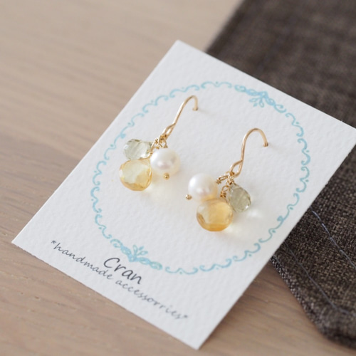 14kgf：淡水パール・シトリン・オリーブクォーツのピアス（イヤリング