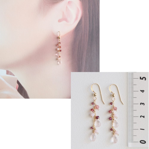14kgf：ローズクォーツとガーネットのピアス（№9047） ピアス