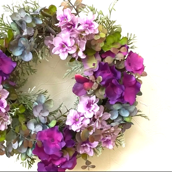 28㎝ パープルブルーの秋の紫陽花リース リース Fairy garden 通販  
