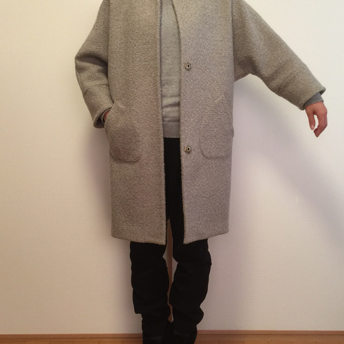 ノーカラーウールコート イタリア生地 キモノスリーブ 厚手 handmade ノーカラーウールコート イタリア生地 キモノスリーブ 厚手 handmade