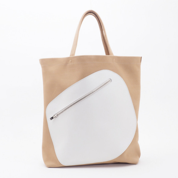 ＜即納＞white leather pattern bag3（ベージュ×白）33×28×7/子牛革/GDZ007 2枚目の画像