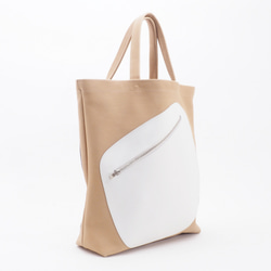 ＜即納＞white leather pattern bag3（ベージュ×白）33×28×7/子牛革/GDZ007 4枚目の画像