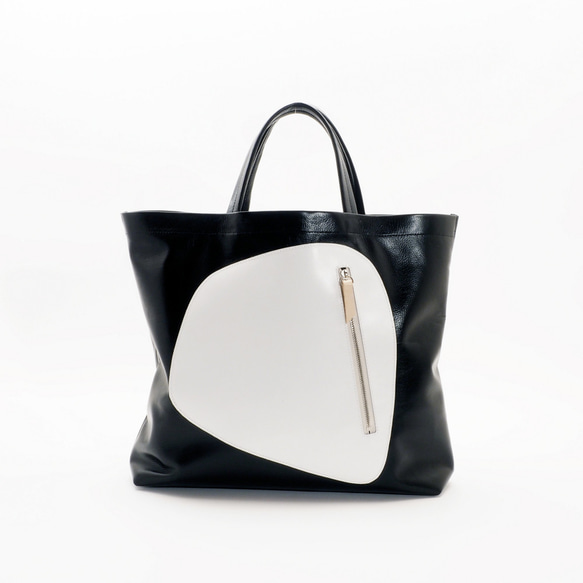 ＜即納＞white leather pattern bag（黒×白）40×30×8/子牛革/GDZ003 1枚目の画像