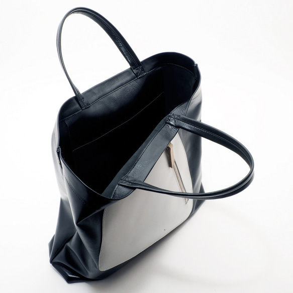 ＜即納＞white leather pattern bag（黒×白）40×30×8/子牛革/GDZ003 5枚目の画像