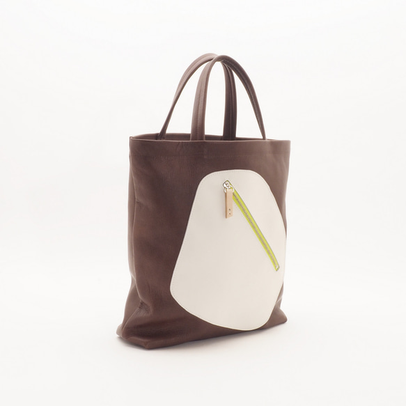 ＜受注生産＞white leather pattern bag2（カーキ×白）33×28×7/子山羊革/GDZ004 3枚目の画像