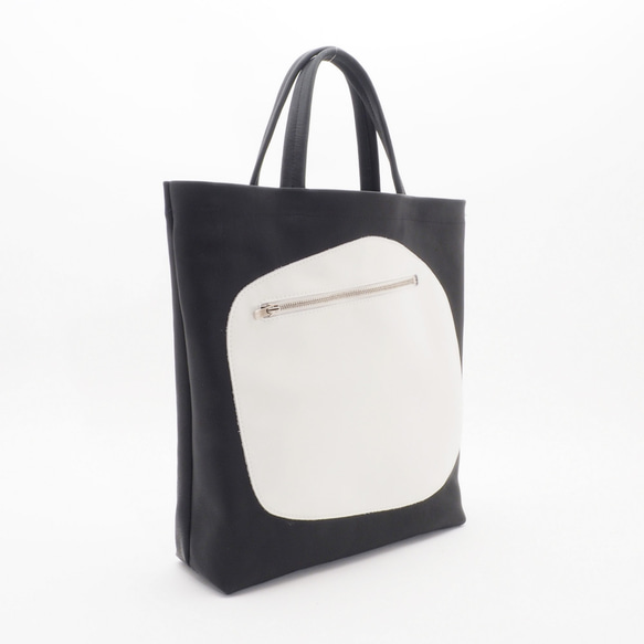 ＜即納＞white leather pattern bag3（黒×白）33×28×7/子牛革/GDZ005 4枚目の画像