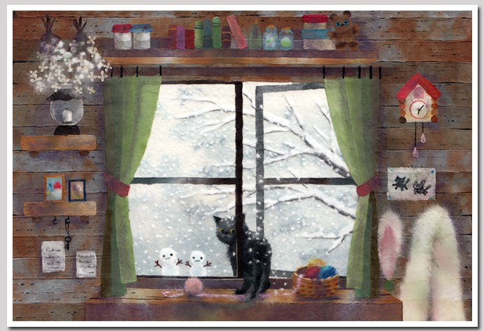 窓辺の猫シリーズ3《 呼んだ？ 》 A4サイズ複製 絵画 和紙絵
