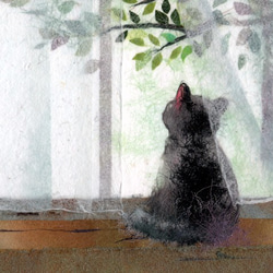 窓辺の猫シリーズ1　《風とお話》　Ａ４サイズ複製（印刷範囲は原画サイズ） 2枚目の画像