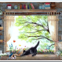 猫の絵　シリーズ扉 猫の絵画を油絵で描いた伊東拓実の猫の絵「緑の扉と猫」をご購入