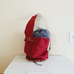 【受注制作】いろいろ素材の巾着バッグ（ボルドー） 1枚目の画像