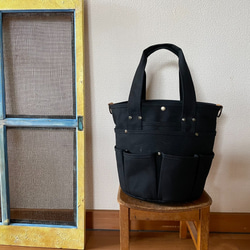 【受注製作】バケツ型バッグ（大）ハタラキモノ  ショルダー付き　８号帆布　ブラック 3枚目の画像