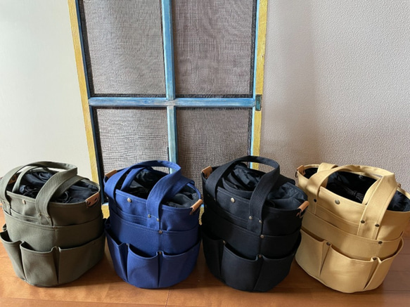 【受注製作】バケツ型バッグ（大）ハタラキモノ  ショルダー付き　８号帆布　ブラック 6枚目の画像