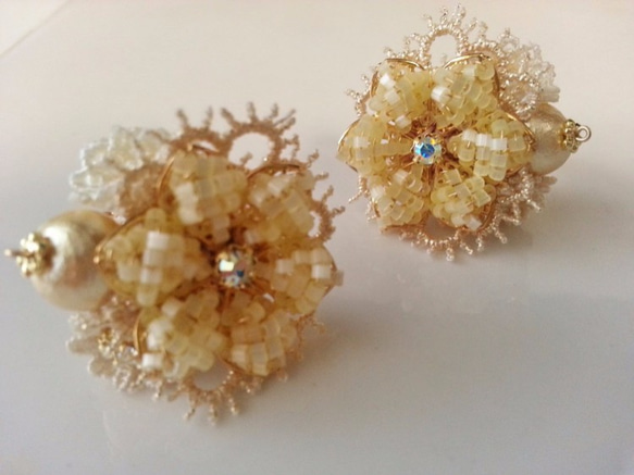 [定制]棉花珍珠花花束/耳環S（黃色） 第2張的照片