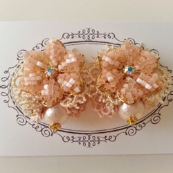 [定做]棉珍珠花花束/耳環S（珊瑚粉） 第1張的照片