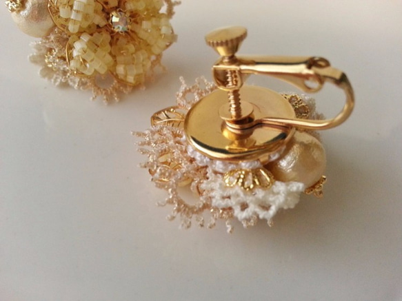 [定做]棉珍珠花花束/耳環S（黃色） 第3張的照片