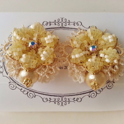[定做]棉珍珠花花束/耳環S（黃色） 第1張的照片