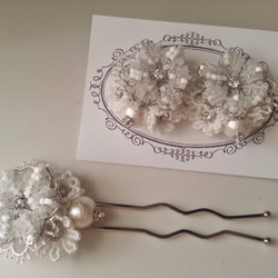 訂單生產]棉花珍珠花朵發飾（髮夾·銀） 第3張的照片