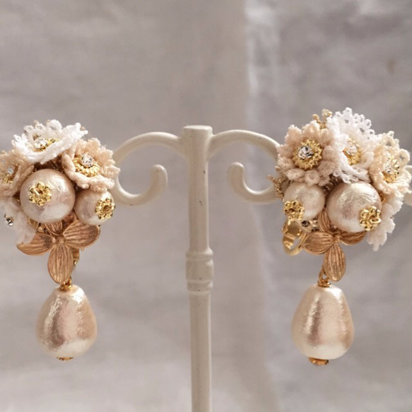 訂單生產]棉花珍珠和蕾絲花束耳環（基斯卡）耳環就緒 第4張的照片
