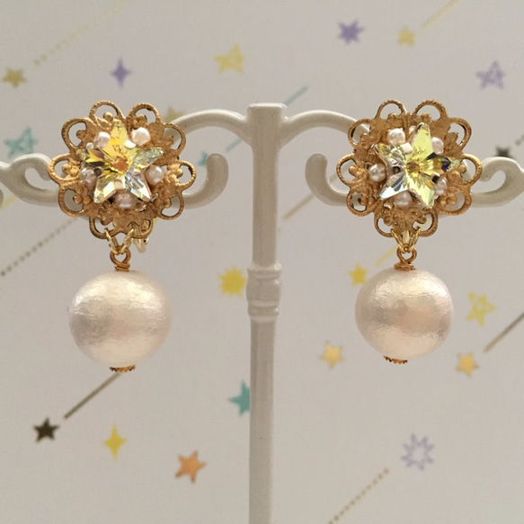 訂單生產]星辰廣場星和珠寶耳環綿珍珠（黃色）耳環就緒 第1張的照片