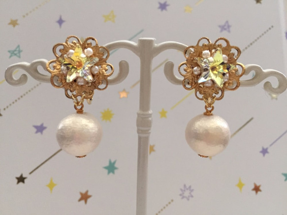 訂單生產]星辰廣場星和珠寶耳環綿珍珠（黃色）耳環就緒 第2張的照片