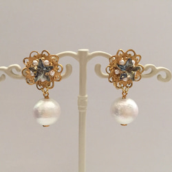 訂單生產]星辰廣場星和珠寶耳環綿珍珠（藍色）[耳環就緒 第2張的照片