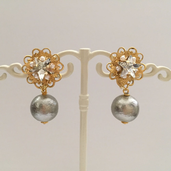 訂單生產]星辰廣場星和珠寶耳環綿珍珠（灰）耳環就緒 第2張的照片