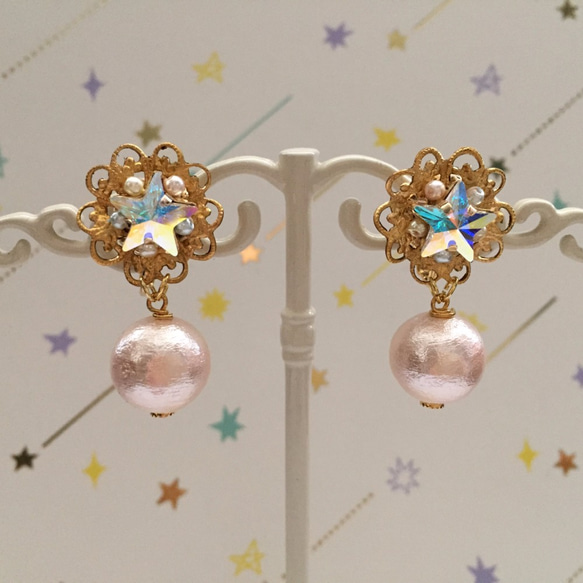 訂單生產]星辰廣場星和珠寶耳環綿珍珠（粉紅色）耳環就緒 第1張的照片