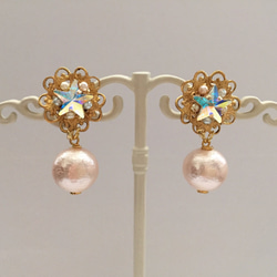 訂單生產]星辰廣場星和珠寶耳環綿珍珠（粉紅色）耳環就緒 第2張的照片