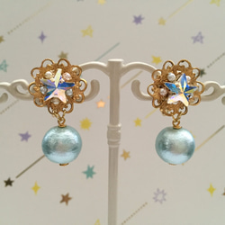 訂單生產]星辰廣場星和珠寶耳環（AQUA）棉花珍珠[耳環就緒 第1張的照片