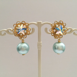 訂單生產]星辰廣場星和珠寶耳環（AQUA）棉花珍珠[耳環就緒 第2張的照片
