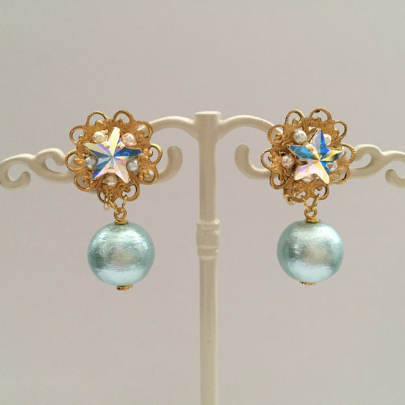訂單生產]星辰廣場星和珠寶耳環（AQUA）棉花珍珠[耳環就緒 第2張的照片