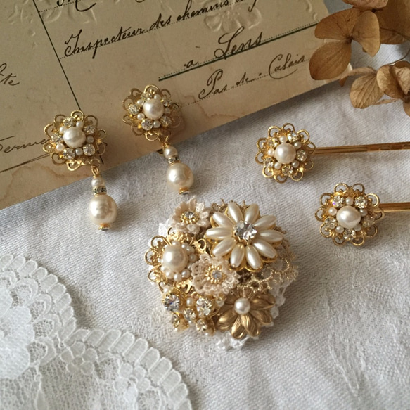 [訂單生產]巴洛克式玻璃珍珠服飾珠寶3件套（奇斯卡×金） 第1張的照片