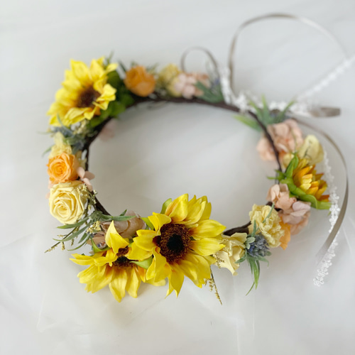 ひまわり花冠/花かんむり☆リボンでサイズ調整可 プリザーブドフラワー