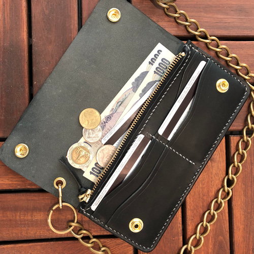 本革/手染めオールブラック シンプルトラッカーウォレット】 長財布