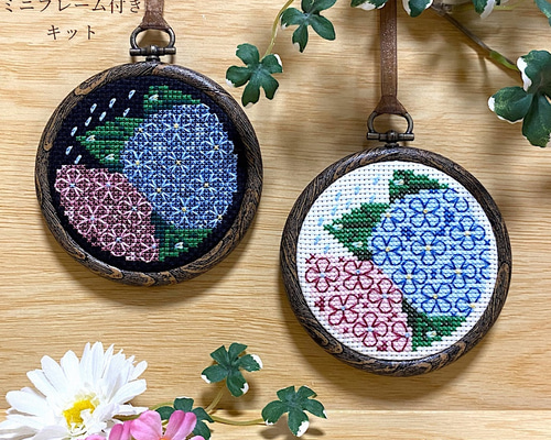 チ*ロ様 ハンドメイドミニ刺繍フレーム 雨の日の紫陽花と猫