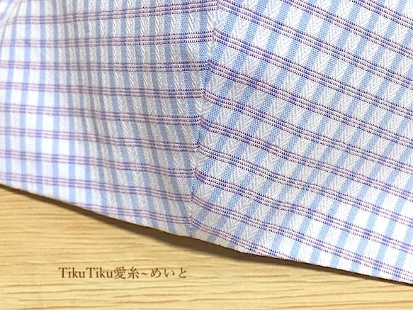 ワイシャツ生地マスク・花飾り付Sサイズ　チェック／ブルー 4枚目の画像