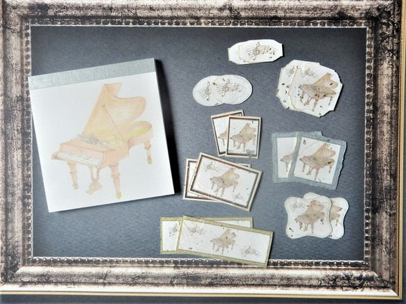 ベヒシュタイン風ピアノ♡ミニメモ帳と金粉銀粉入りフレークシールセット 1枚目の画像