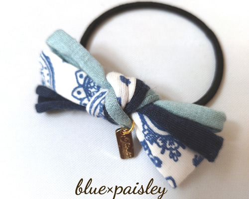 ヘアゴム リボン ハンドメイド Tシャツヤーン ペイズリー×ブルー