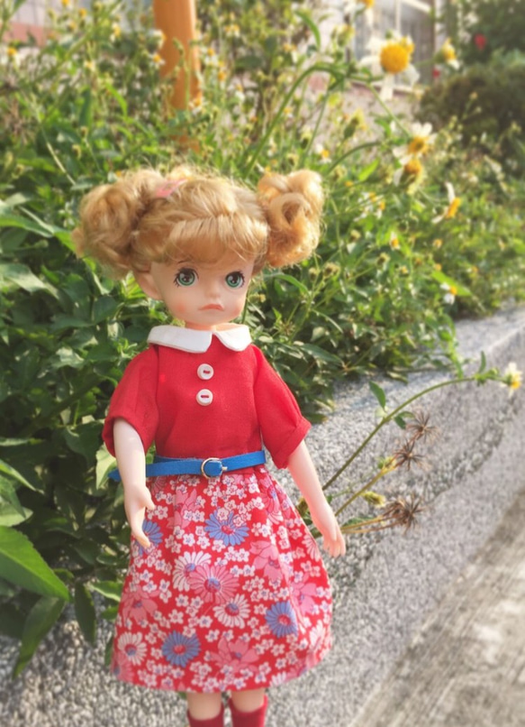 tammy doll タミーちゃん可穿復古紅日本花布拼接娃用洋裝ドール服 第4張的照片